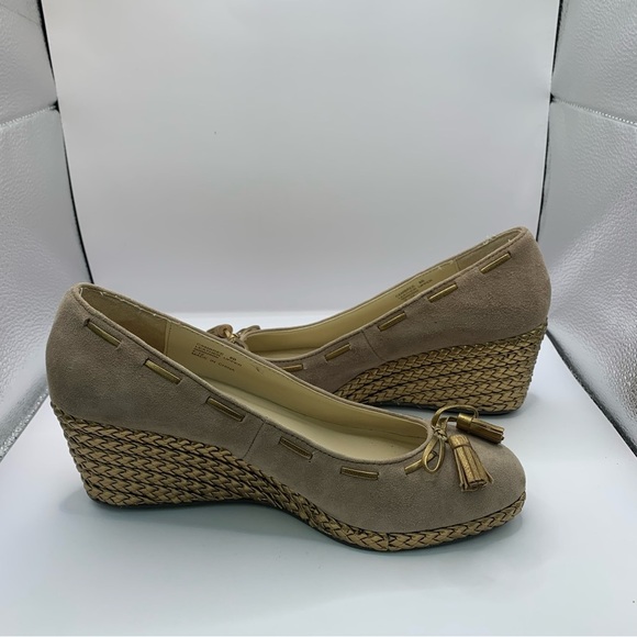 Ralph Lauren Tan Cambree Tassel Bow Braided Woven Gold Heel Wedge  Womens Sz 8 - Picture 5 of 8